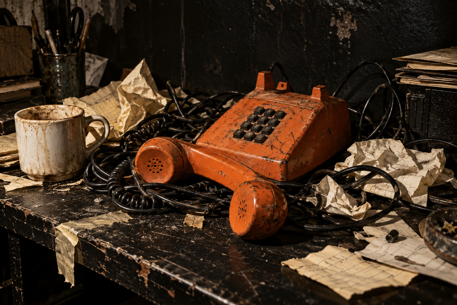 A battered orange telephone surrounded by tangled cords and crumpled papers on a scarred workbench
