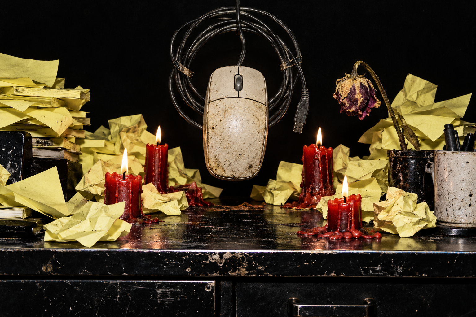 A computer mouse suspended above candles and sticky notes, treated as a sacred office relic
